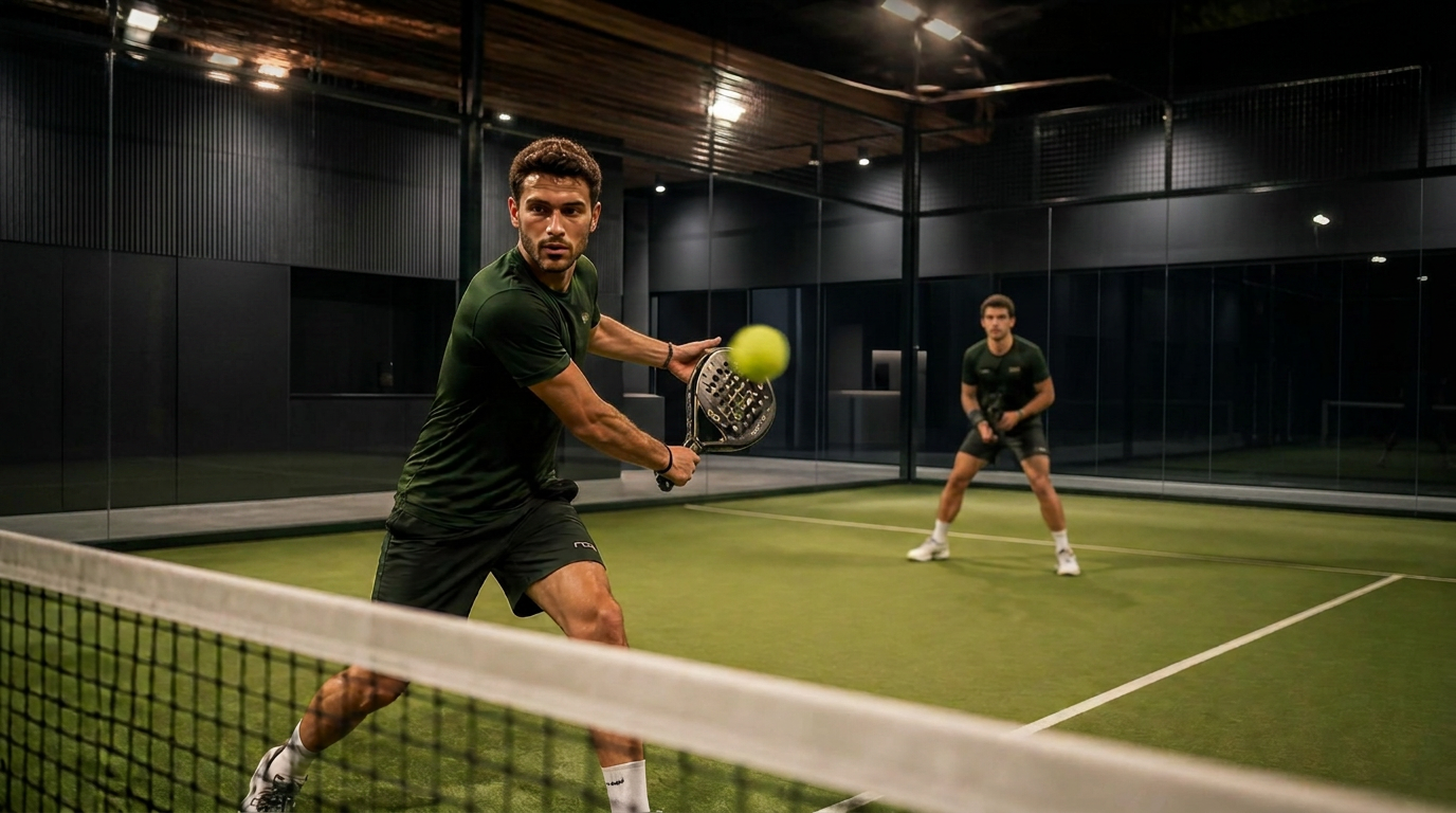 Two players competing on an indoor padel court at KORTL Padel